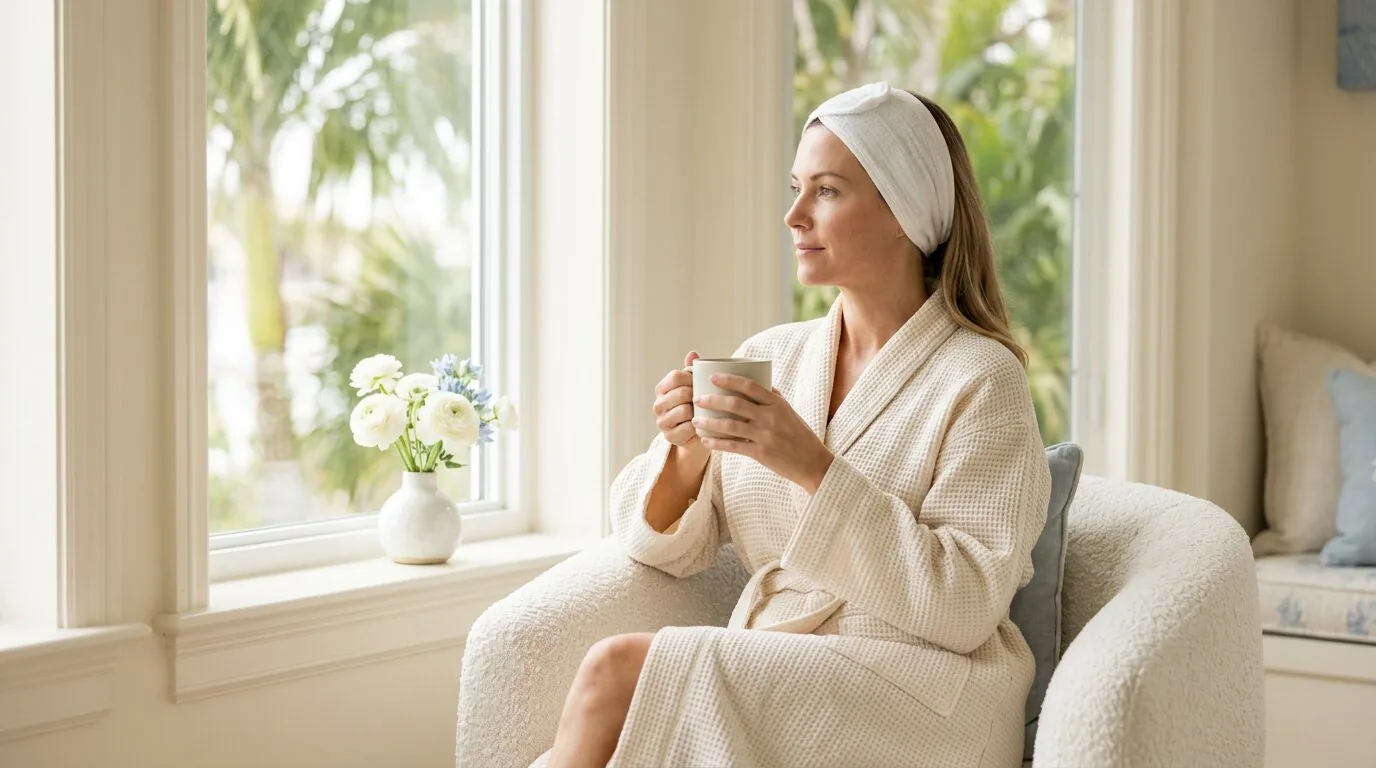 A woman recovering comfortably in a robe by a bright window, tea in hand.