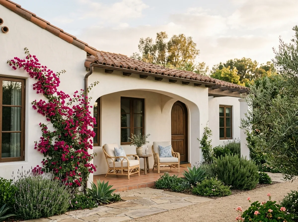 A Spanish-revival recovery house with bougainvillea and a shaded porch.