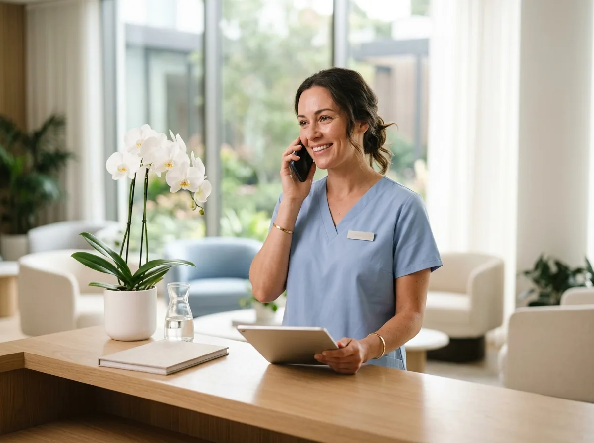A discharge coordinator on the phone at a bright facility reception desk.