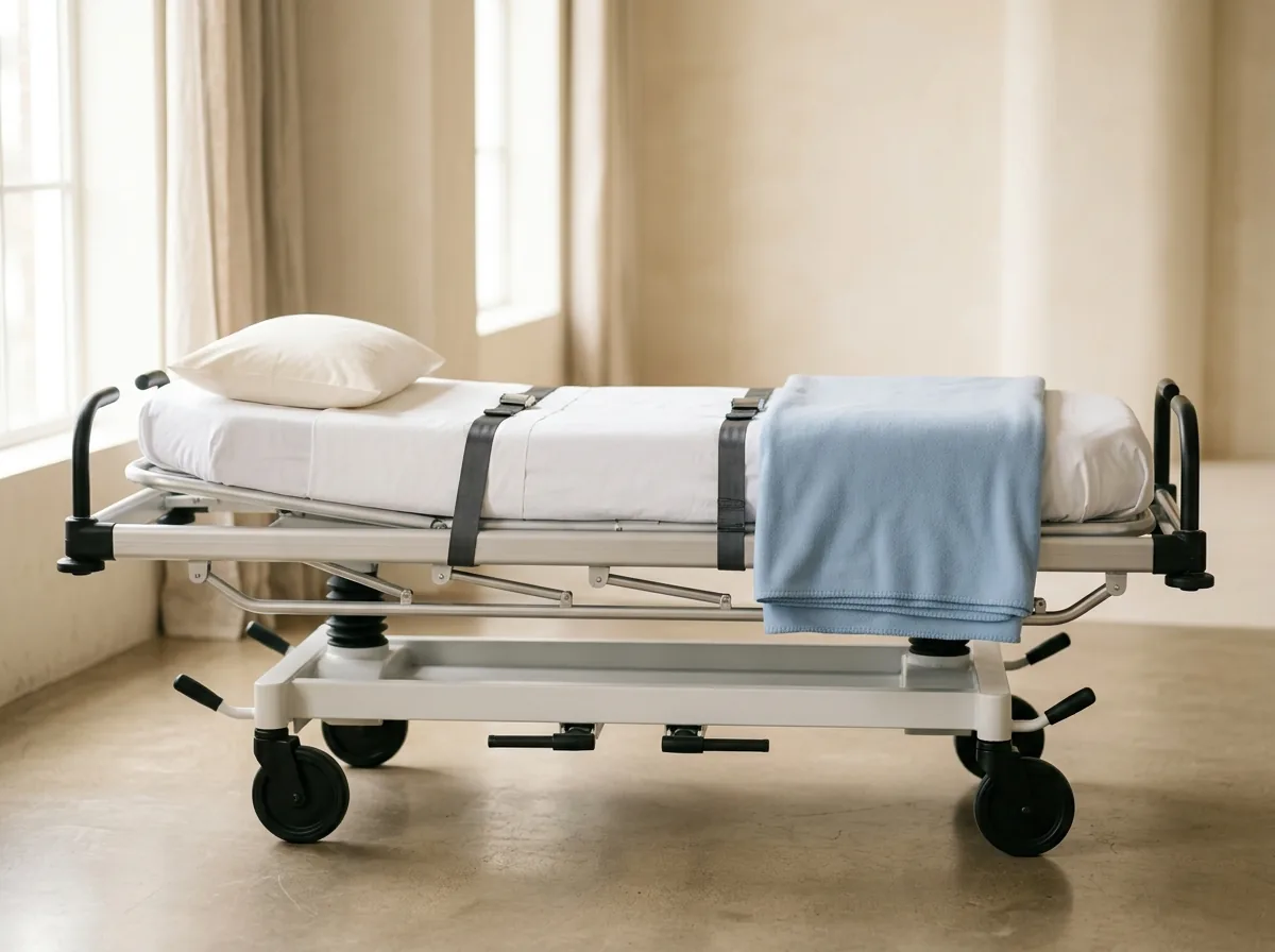 A transport gurney made up with fresh white linens and a powder-blue blanket.