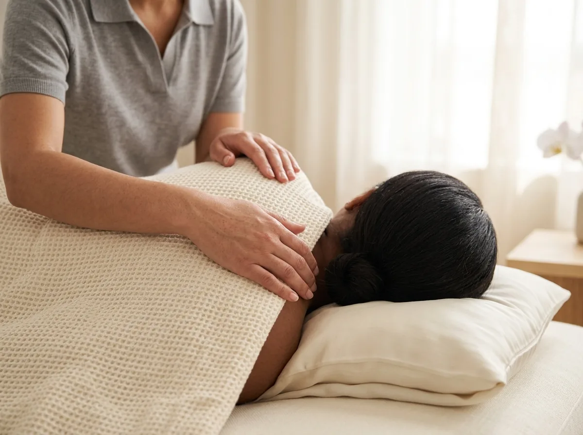 A caregiver tucks a soft blanket around a resting rider's shoulders.