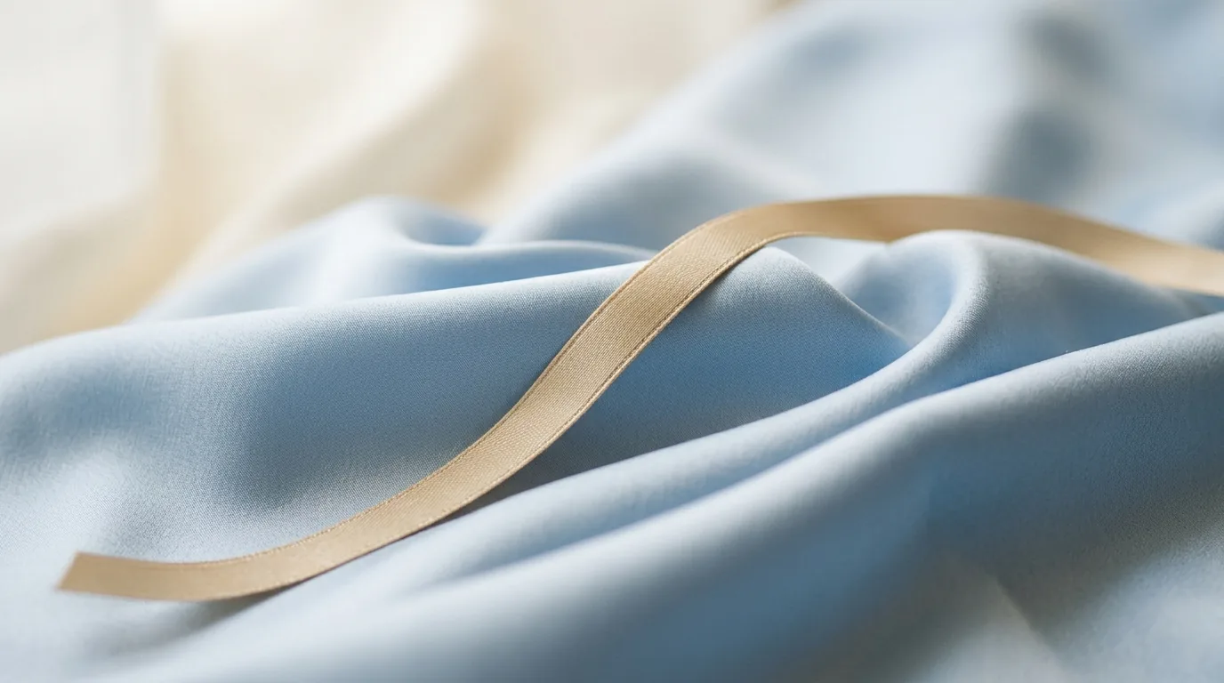 Close-up of powder-blue fabric with a champagne satin ribbon.