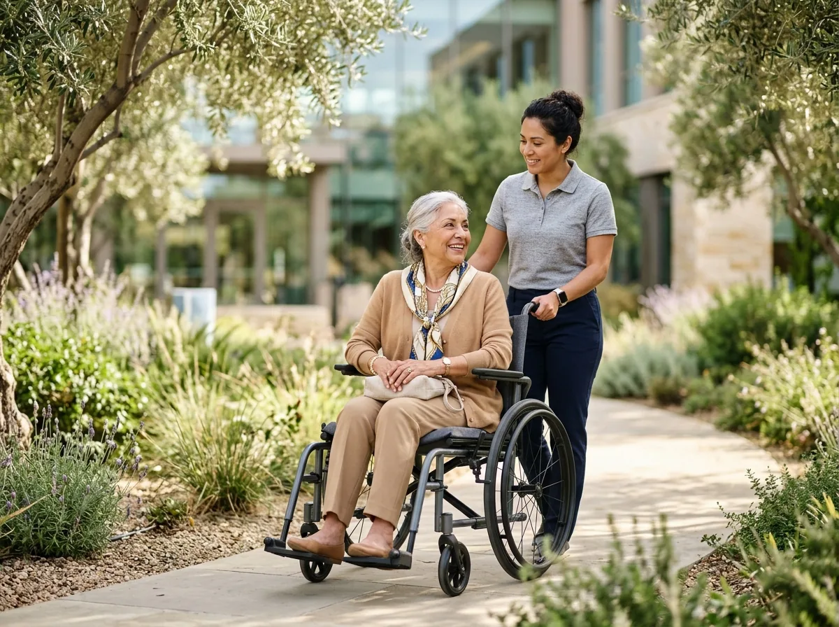 An attendant guides a rider along a garden path in a lightweight wheelchair.