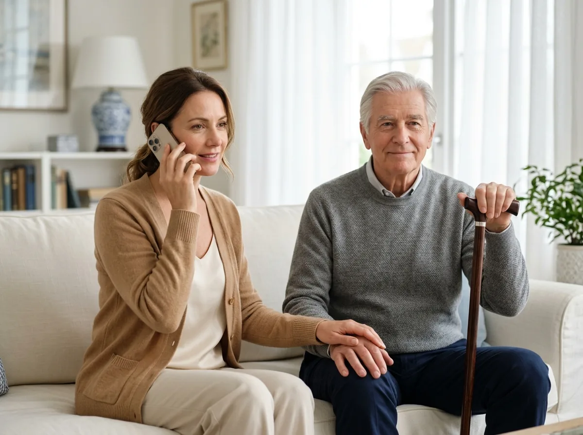 A daughter arranges a ride by phone, seated beside her father at home.