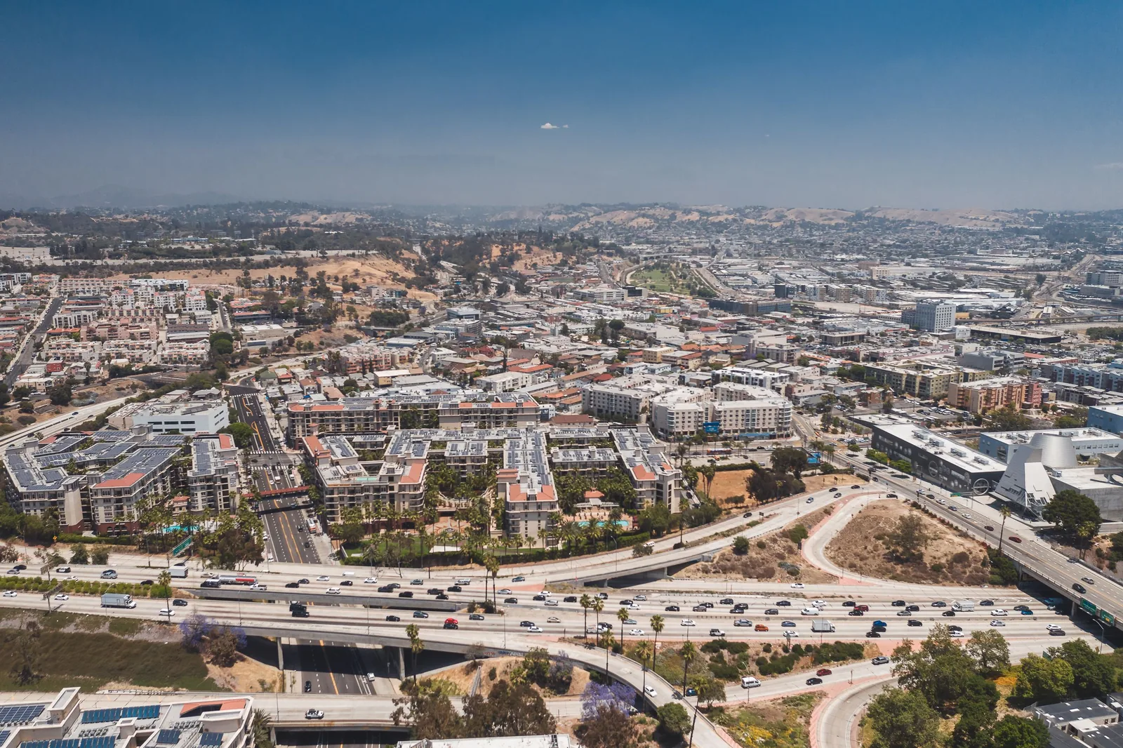 An aerial view of Southern California neighborhoods and freeways.