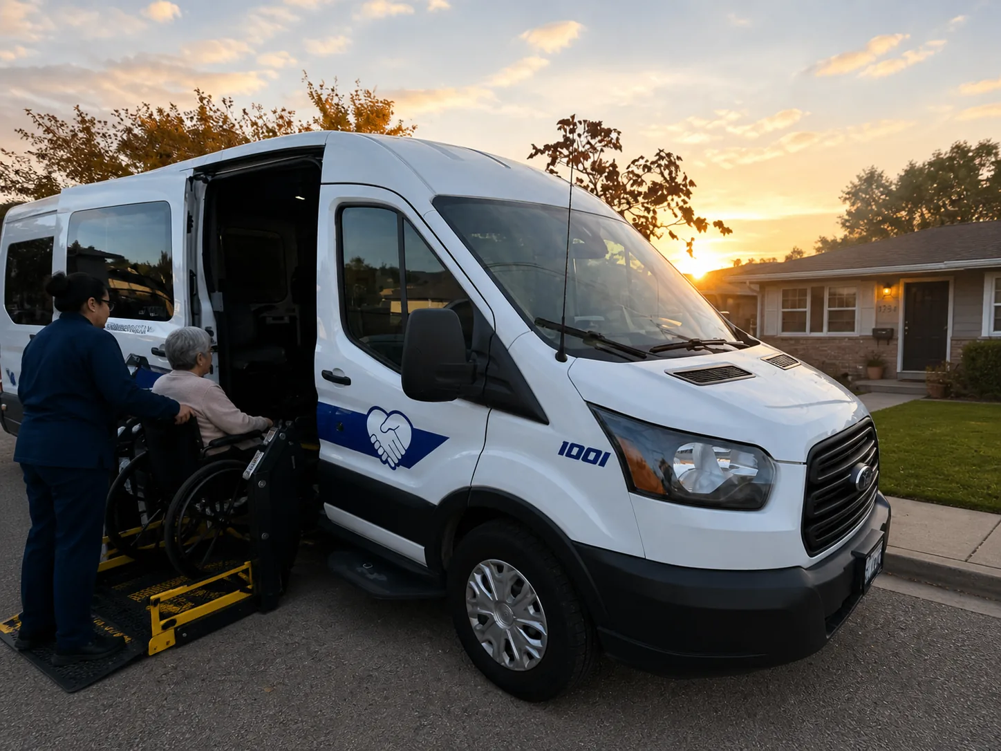 An attendant helps a rider board a wheelchair-accessible van at golden hour.